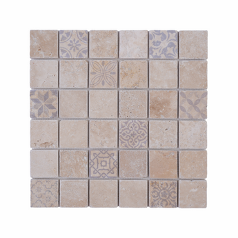 Tumbled travertine mosaic tiles in a 2x2 inch pattern from Mythology Tile, showing neutral-toned, textured natural stone tiles.