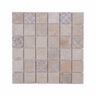 Tumbled travertine mosaic tiles in a 2x2 inch pattern from Mythology Tile, showing neutral-toned, textured natural stone tiles.