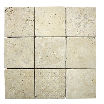Art Mix Ivory Travertine mosaic tile with decorative printed patterns and tumbled finish