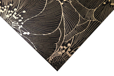 Black and gold floral mosaic tile with intricate botanical pattern by Mythology Tile, 18x18 inches, decorative ceramic design.