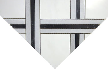 Close-up of polished Dolomite and black marble mosaic tile with linear detailing