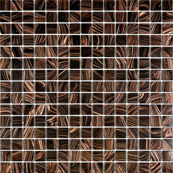Glossy brown mosaic tile by Mir, Alma Stella Brown, 12x12 inch glass tile for backsplashes and decorative surfaces.
