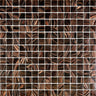 Close-up view of Brown Glossy Glass Mosaic Tile featuring 0.8x0.8 inch glass chips with a reflective surface and rich brown color variation.