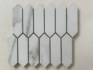Calacatta polished marble picket mosaic tile featuring white marble with bold gray veining in a linear pattern