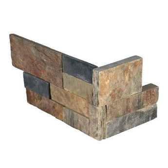 California Gold 6x18 stacked stone ledger corner panel by MosaicBros, showing textured stone with natural earthy tones.