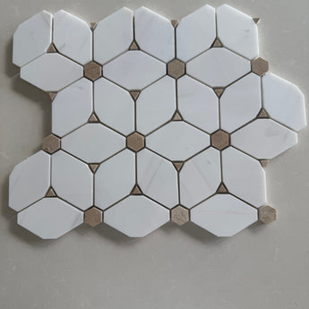 Cecily White Dolomite honed marble mosaic tile featuring an elegant floral-inspired pattern