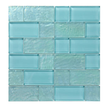 Crystal Aqua Osaka Maldives Green multangular glass mosaic tile featuring aqua and turquoise tones for swimming pools, pool waterlines, spas, and water features.