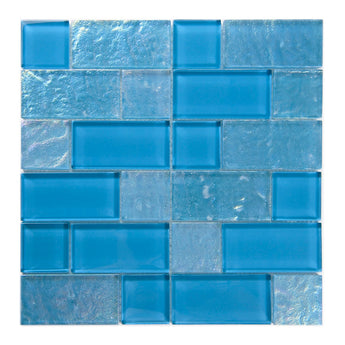Crystal Aqua Osaka Sky Blue multangular glass mosaic tile featuring bright sky blue tones for swimming pools, pool waterlines, spas, and water features.