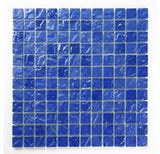 Crystal Aqua Soho Deep Blue 1x1 glass mosaic tile featuring rich blue tones for swimming pools, pool waterlines, spas, and water features.