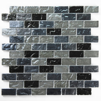 Crystal Aqua Soho Gray Blend 1x2 glass mosaic tile featuring contemporary gray tones for swimming pools, pool waterlines, spas, and water features.