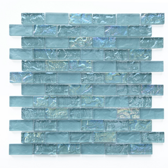 Crystal Aqua Soho Green 1x2 glass mosaic tile featuring aqua and turquoise blue-green tones for swimming pools, pool waterlines, spas, and water features.