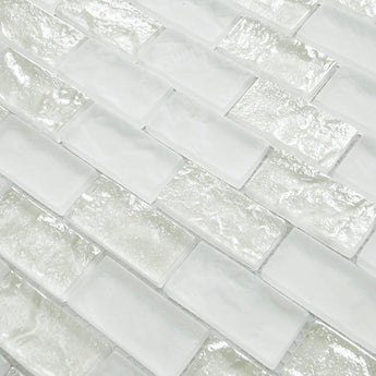 Crystal Aqua Soho White 1x2 glass mosaic tile featuring bright white tones for swimming pools, pool waterlines, spas, and water features.