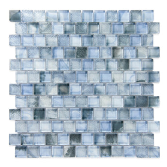 Crystal Aqua Stromboli Sky Blue glass mosaic tile featuring vibrant sky blue tones for swimming pools, pool waterlines, spas, fountains, kitchen backsplashes, bathroom backsplashes, shower walls, and decorative accent walls.