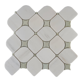 Polished marble mosaic tile featuring green and dolomite tones from Mythology Tile's Cosima collection.