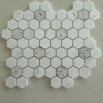 Dolomite hexagon terrazzo mosaic tile featuring elegant white marble and terrazzo accents