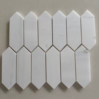 Dolomite honed marble picket mosaic tile featuring soft white and gray natural stone in a modern linear design