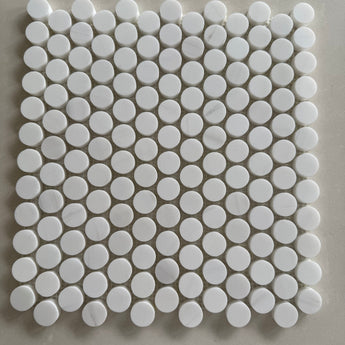 Dolomite polished 1-inch penny round marble mosaic tile featuring bright white marble and natural gray veining