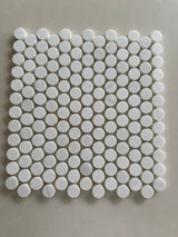Dolomite polished 1-inch penny round marble mosaic tile featuring bright white marble and natural gray veining