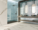 Dune Agadir Agua Bright porcelain wall tile installed as a kitchen backsplash