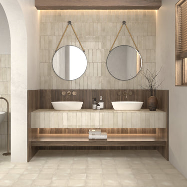 Dune Atlantique Blanc 8x8 porcelain tile installed on a bright bathroom floor
