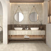 Dune Atlantique Blanc 8x8 porcelain tile installed on a bright bathroom floor
