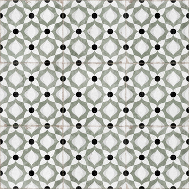 Dune Atlantique Blanc 8x8 porcelain tile installed on a bright bathroom floor with classic decorative styling