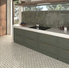 Dune Atlantique Blanc 8x8 porcelain tile used as a decorative kitchen floor featuring an artisan-inspired pattern
