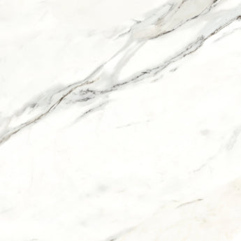 Large format marble look porcelain tile floor with white background and gray veining