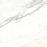 Large format marble look porcelain tile floor with white background and gray veining
