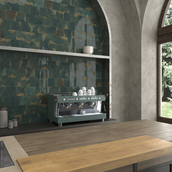 Glossy emerald green porcelain tile creating a decorative feature wall