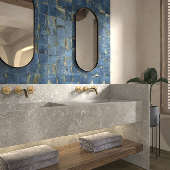 Glossy blue porcelain tile creating a decorative feature wall