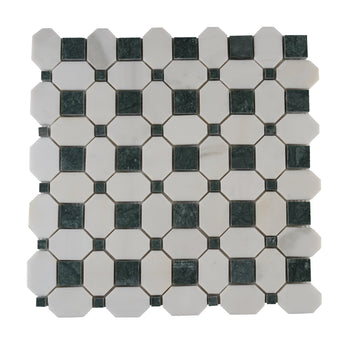 Evander Mint Dolomite and Verde Guata polished marble mosaic tile by Mythology Tile, showcasing intricate green and white mosaic patterns.