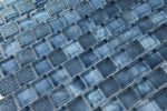 Garden Blue glass mosaic tile used as a kitchen backsplash featuring vibrant blue tones and contemporary glass mosaic styling.