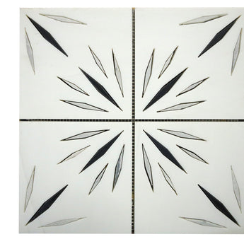 Harmonious white waterjet marble mosaic tile by Mythology Tile, featuring intricate black veining and modern design for elegant surfaces.