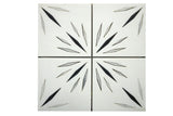 Harmonious white waterjet marble mosaic tile by Mythology Tile, featuring intricate black veining and modern design for elegant surfaces.