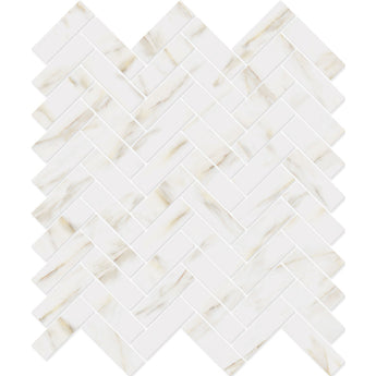 Herringbone Calacatta Gold Matte Marble Look glass mosaic tile featuring a classic herringbone pattern, marble-inspired white tones, and gold accents for swimming pools, pool waterlines, kitchen backsplashes, bathroom backsplashes, shower walls, and decorative accent walls.