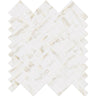 Herringbone Calacatta Gold Matte Marble Look glass mosaic tile featuring a classic herringbone pattern, marble-inspired white tones, and gold accents for swimming pools, pool waterlines, kitchen backsplashes, bathroom backsplashes, shower walls, and decorative accent walls.