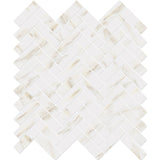 Herringbone Calacatta Gold Matte Marble Look glass mosaic tile featuring a classic herringbone pattern, marble-inspired white tones, and gold accents for swimming pools, pool waterlines, kitchen backsplashes, bathroom backsplashes, shower walls, and decorative accent walls.