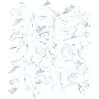 Herringbone Calacatta Matte Marble Look glass mosaic tile featuring a classic herringbone pattern and marble-inspired white tones for swimming pools, pool waterlines, kitchen backsplashes, bathroom backsplashes, shower walls, and decorative accent walls.