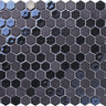 Hexa Artistic Blend Sugar Black glass mosaic tile featuring 1.2 x 1.3 inch hexagon chips and rich black tones for swimming pools, pool waterlines, kitchen backsplashes, bathroom backsplashes, shower walls, and decorative accent walls.