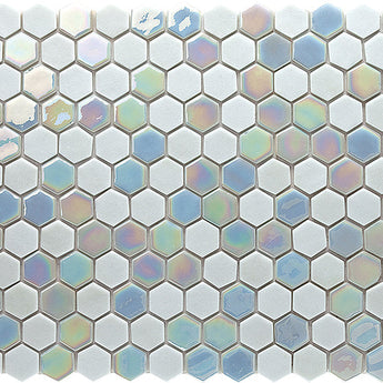 Hexa Artistic Blend Sugar White glass mosaic tile featuring 1.2 x 1.3 inch hexagon chips and bright white tones for swimming pools, pool waterlines, kitchen backsplashes, bathroom backsplashes, shower walls, and decorative accent walls.