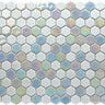 Hexa Artistic Blend Sugar White glass mosaic tile featuring 1.2 x 1.3 inch hexagon chips and bright white tones for swimming pools, pool waterlines, kitchen backsplashes, bathroom backsplashes, shower walls, and decorative accent walls.