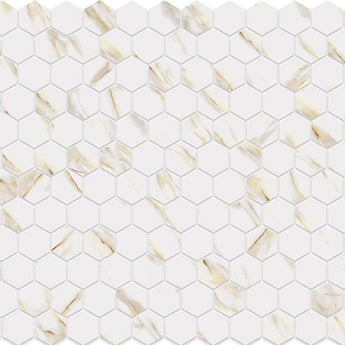 Hexa Calacatta Look Gold matte glass mosaic tile featuring a small hexagon pattern, marble-inspired white tones, and gold accents for swimming pools, pool waterlines, kitchen backsplashes, bathroom backsplashes, shower walls, and accent walls.