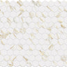Hexa Calacatta Look Gold matte glass mosaic tile featuring a small hexagon pattern, marble-inspired white tones, and gold accents for swimming pools, pool waterlines, kitchen backsplashes, bathroom backsplashes, shower walls, and accent walls.