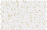 Hexa Calacatta Look Gold matte glass mosaic tile featuring a small hexagon pattern, marble-inspired white tones, and gold accents for swimming pools, pool waterlines, kitchen backsplashes, bathroom backsplashes, shower walls, and accent walls.