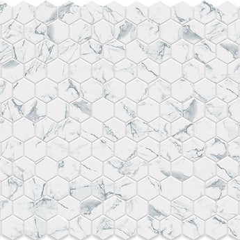 Hexa Calacatta Look matte glass mosaic tile featuring a hexagon pattern and marble-inspired white tones for swimming pools, pool waterlines, spas, kitchen backsplashes, bathroom backsplashes, shower walls, and decorative accent walls.