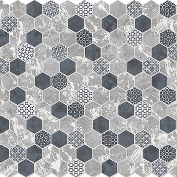 Hexa Concrete Look Deco Olden matte glass mosaic tile featuring a decorative hexagon pattern and concrete-inspired design for swimming pools, pool waterlines, spas, kitchen backsplashes, bathroom backsplashes, shower walls, and accent walls.