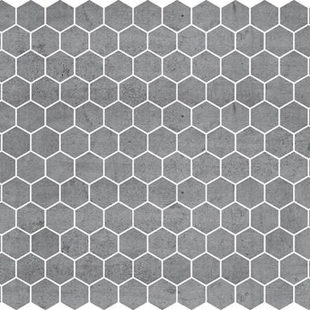 Hexa Concrete Look matte glass mosaic tile featuring a hexagon pattern and concrete-inspired tones for swimming pools, pool waterlines, spas, kitchen backsplashes, bathroom backsplashes, shower walls, and decorative accent walls.
