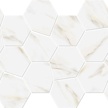 Hexa Mega Air Calacatta Gold Matte Marble Look glass mosaic tile featuring a large hexagon pattern, marble-inspired white tones, and gold accents for swimming pools, pool waterlines, kitchen backsplashes, bathroom backsplashes, shower walls, and decorative accent walls.