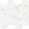 Hexa Mega Air Calacatta Gold Matte Marble Look glass mosaic tile featuring a large hexagon pattern, marble-inspired white tones, and gold accents for swimming pools, pool waterlines, kitchen backsplashes, bathroom backsplashes, shower walls, and decorative accent walls.